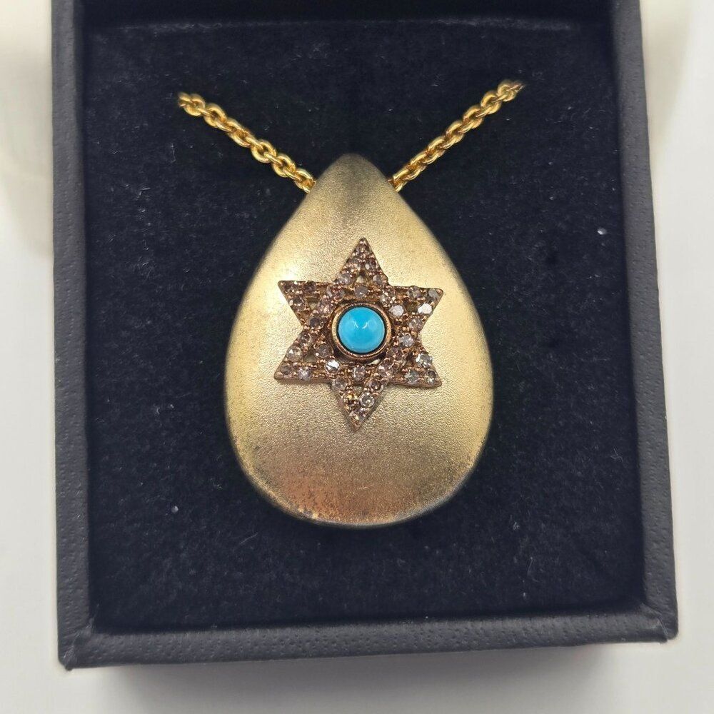 Gold Plated Teardrop Pendant Necklace Star Of David Turquoise Champagne Diamond